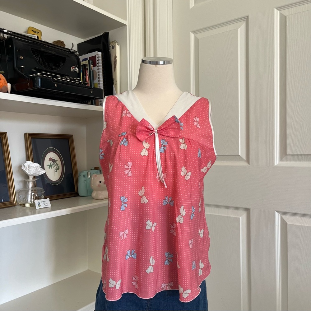 Cottagecore pink and blue butterfly print blouse with white collar